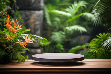 Natural Slate Stone Top, Round Podium Pedestal, Empty Cosmetic Beauty Background Showcase Product Mock up Display, Back Drop, Empty Luxury Black & Green & Gold Natural Plant Scene with Flowers & Moss.