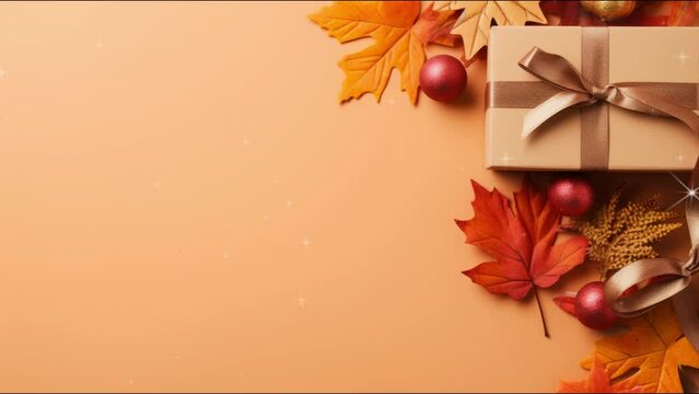 Autumn composition. Gift boxes, autumn leaves and spices on a orange background.