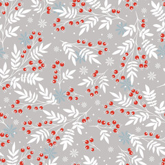Seamless christmas pattern with  berry branches. Snowflakes. Vector illustration.