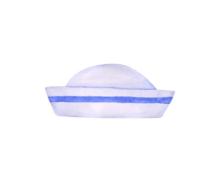 Skipper hat is isolated on a transparent background. Watercolor nautical cap illustration. Navy uniform object. Part of a sailor costume. Skipper clipart. Marine cloth print.