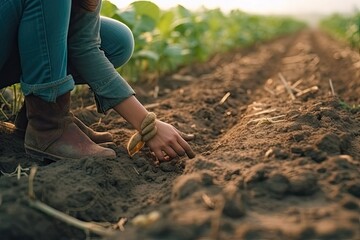 someone planting in the ground with their hands and feet, while they'reting them from seed to plant