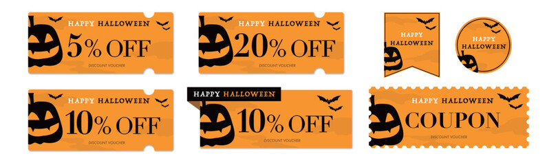 ハロウィンセールに使えるカボチャとコウモリのクーポンベクターアイコンデザインセット1