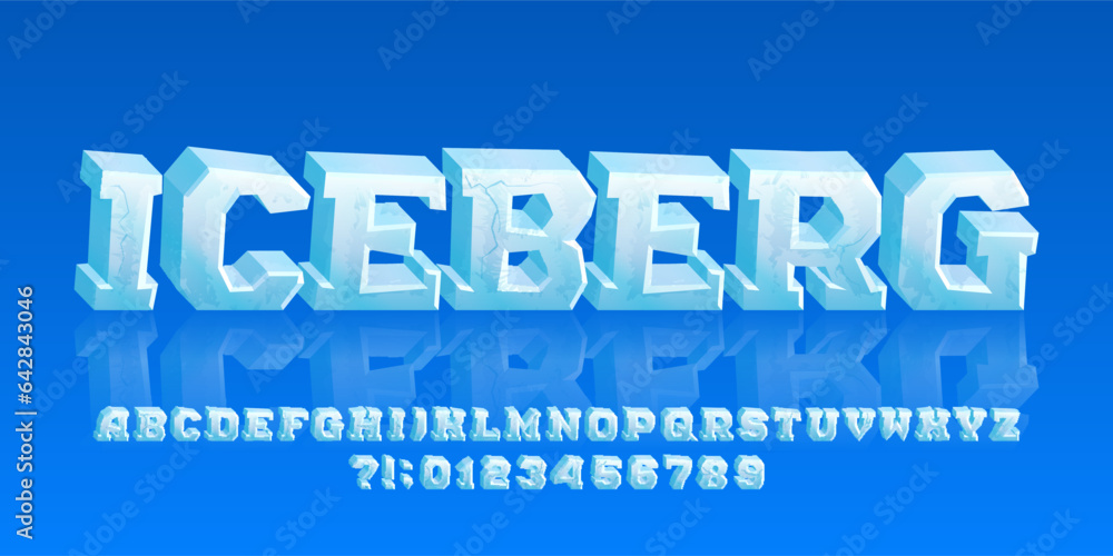Poster iceberg alphabet font. 3d cartoon ice letters and numbers with cracks. stock vector typeface for you
