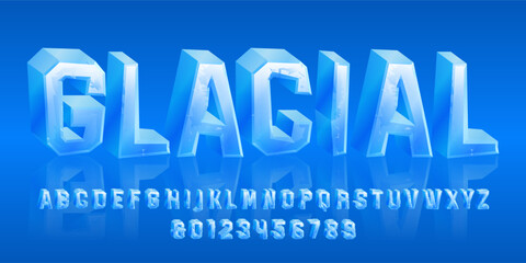 Glacial alphabet font. 3D cartoon ice letters and numbers. Stock vector typeface for your typography design.