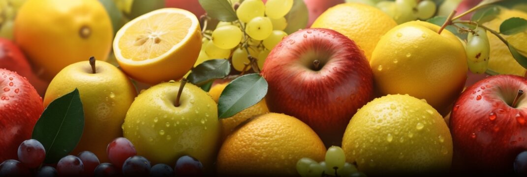 Juicy and ripe fruits. Fresh fruits assorted fruits colorful background. Vitamins natural nutrition concept. Selective focus. - Powered by Adobe