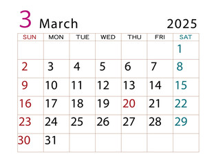 2025年カレンダー　3月