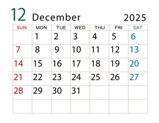 2025年カレンダー　12月