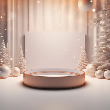 3D podium display and pine tree, Christmas lights background with snow and 3D modern pedestal design for product showcase presentation, studio lighting, AI generated.