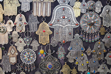 Marrakech, Morroco - Feb 10, 2023: Metal charms and pendants in the form of the Hand of Fatima