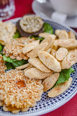 Marrakech, Morocco - Feb 9, 2023: Traditional Moroccan sweet pastries and cookies
