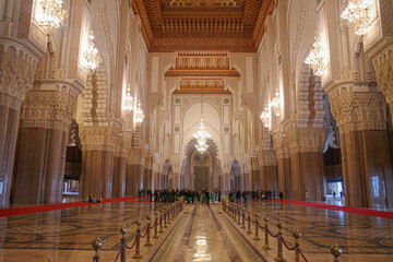 Casablanca, Morocco - Feb 26, 2023: Interior of the Hassan II Mosque, the largest mosque in Africa