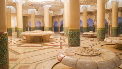 Casablanca, Morocco - Feb 26, 2023: Washroom area inside the Hassan II Mosque, Casablanca