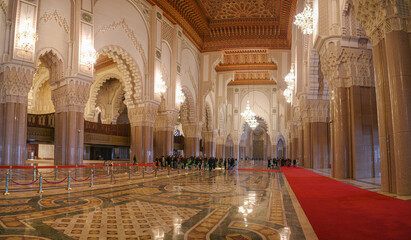 Obraz premium Casablanca, Morocco - Feb 26, 2023: Interior of the Hassan II Mosque, the largest mosque in Africa