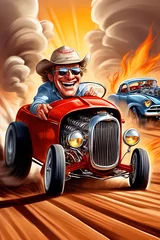 Zelfklevend Fotobehang A 3d digital illustration of a man racing a vintage hot rod car © freelanceartist