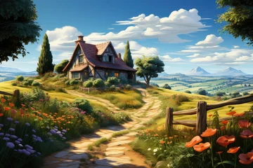 Kussenhoes Cartoon scene with valley and farm house illustration for children. Generative AI © pukupuku7