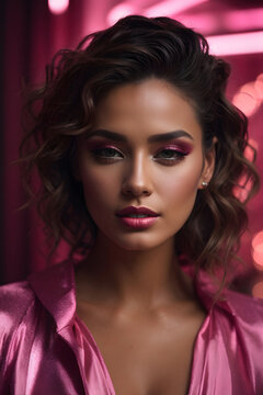 Closeup portrait of stunning pretty woman with chiseled features, pink makeup. illuminated with dynamic composition and dramatic lighting. Image created using artificial intelligence.