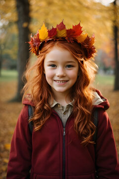 Gently smiling 9 years old red haired girl wearing a crown of colorful fall leaves, against a blurred autumn park backdrop. Image created using artificial intelligence.
