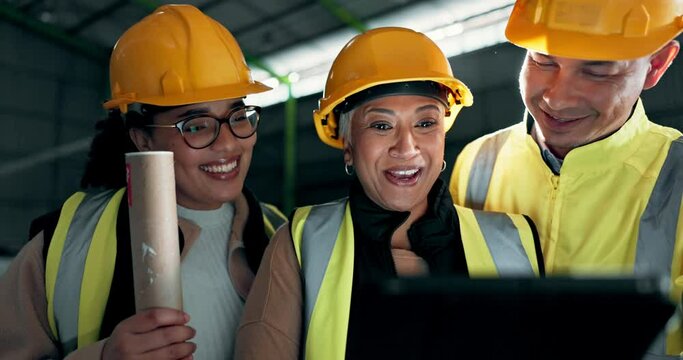 Engineering people, planning and teamwork on tablet for construction, building project or industrial management. Happy manager and team on digital technology, design software or architecture solution