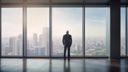 A middle-aged businessman in an office stands and looks out a large floor-to-ceiling window. 