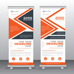 Orange color roll up banner for your company. Standee and x-banner, vertical banner template, pull up, geometric abstract roll-up for exhibition.