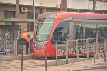 Casablanca, Morocco - Feb 9, 2023: Modern electric public transport system in the city of Casablanca