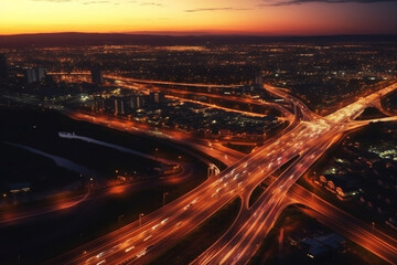 Fototapeta na wymiar Aerial view of highway and cityscape at dusk. Top view
