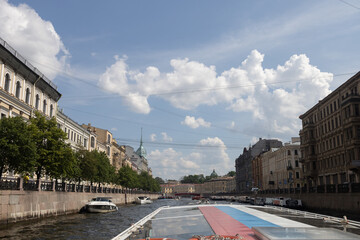 June 15, 2023, Saint Petersburg, Russia - tour boats The historic district of the city Saint Petersburg, Russia - tour boats The historic district of the city