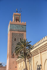 Fototapeta na wymiar Marrakech, Morocco - Feb 8, 2023: Exterior of the Moulay el Yazid Mosque, in Marrakech Kasbah district