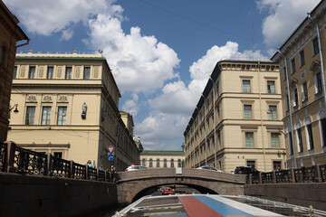 June 15, 2023, Saint Petersburg, Russia - tour boats The historic district of the city Saint Petersburg, Russia - tour boats The historic district of the city