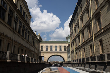June 15, 2023, Saint Petersburg, Russia - tour boats The historic district of the city Saint Petersburg, Russia - tour boats The historic district of the city