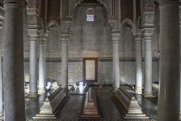 Marrakech, Morocco - Feb 8, 2023: The Chamber of the twelve columns at the Saadian tombs, Marrakech