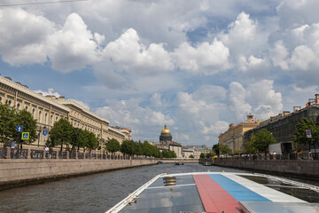 June 15, 2023, Saint Petersburg, Russia - tour boats The historic district of the city Saint Petersburg, Russia - tour boats The historic district of the city