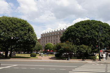 June 15, 2023, Saint Petersburg, Russia - tour boats The historic district of the city Saint Petersburg, Russia - tour boats The historic district of the city