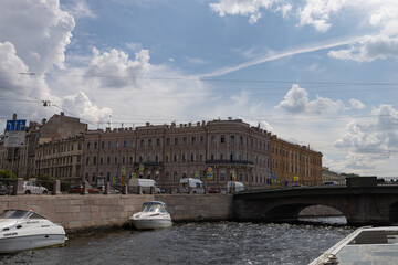 June 15, 2023, Saint Petersburg, Russia - tour boats The historic district of the city Saint Petersburg, Russia - tour boats The historic district of the city