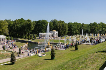 June 15, 2023, Saint Petersburg, Russia - tour boats The historic district of the city Saint Petersburg, Russia - tour boats The historic district of the city