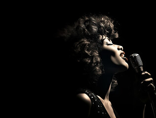 Female Singer on a stage holding a microphone while singing a song. Spotlights create a special atmosphere at the concert. Shallow field of view.	