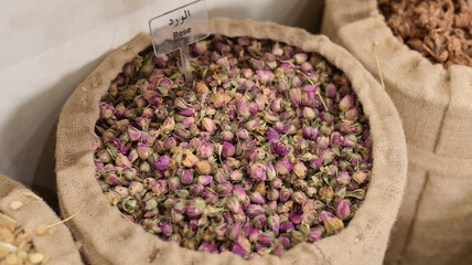 Marrakech, Morocco - Feb 8, 2023: Dried Rose buds for making tea. Moroccan Culinary Arts Museum