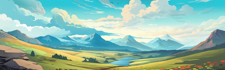 beautiful mountain and sky valley illustration. Generative AI