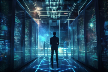 Back view of young businessman standing in server room and looking at data