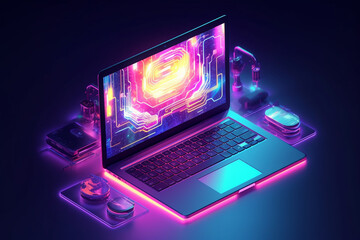 Isometric laptop with a circuit board on the background of the city. Vector illustration.