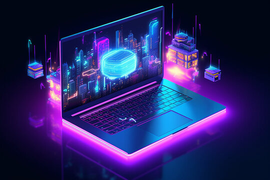 Isometric laptop with a circuit board on the background of the city. Vector illustration.
