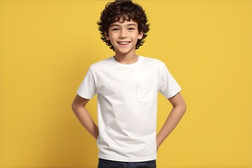 Smiling Boy in White T-Shirt on Yellow Background: A young boy with curly hair beams with a radiant smile, wearing a simple yet stylish white t-shirt with a pocket, standing against a vibrant yellow b