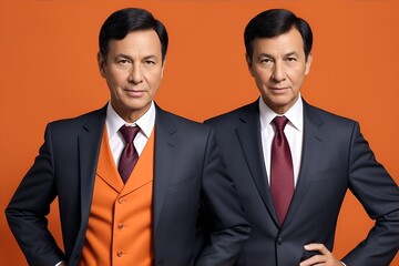 Identical Twins in Suits: Striking portrait of two identical twins in suits, exuding confidence and professionalism against a vibrant orange backdrop. A captivating image that explores themes of duali