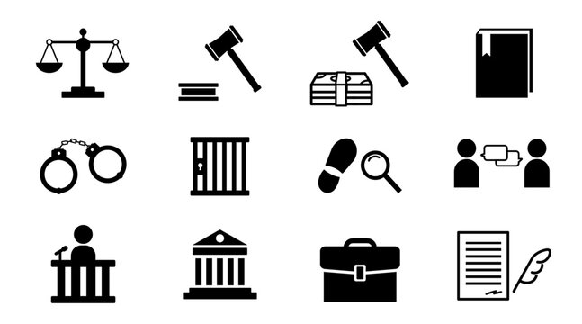 Trial and law icon set, trial, law, advocacy,