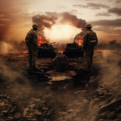 War, skull, optical illusion, tanks, soldiers, dead, chaos, wreck, campfire - 642851818