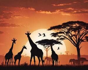 Fototapeta na wymiar giraffe silhouette in sunset