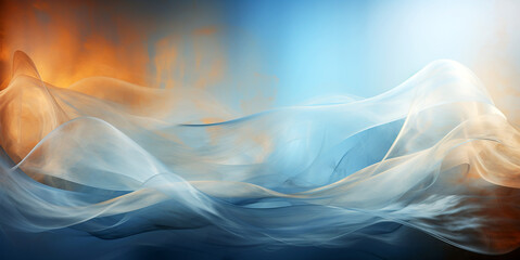 Background or wallpaper copy space with smoke waves and blue, white and orange colors in the background. AI generated.