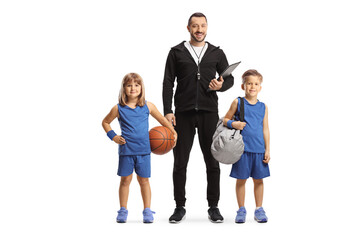 Coach posing with a children basketball team
