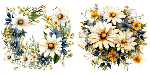Beautiful wedding wreath with Daisy flowers watercolor elements set - obrazy, fototapety, plakaty