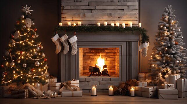 Christmas interior with tree, presents and fireplace. Christmas background.